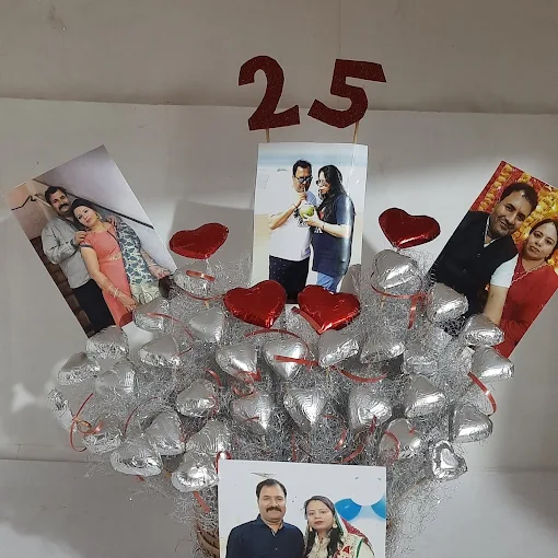 Personalized anniversary chocolate bouquet with photos and silver heart chocolates