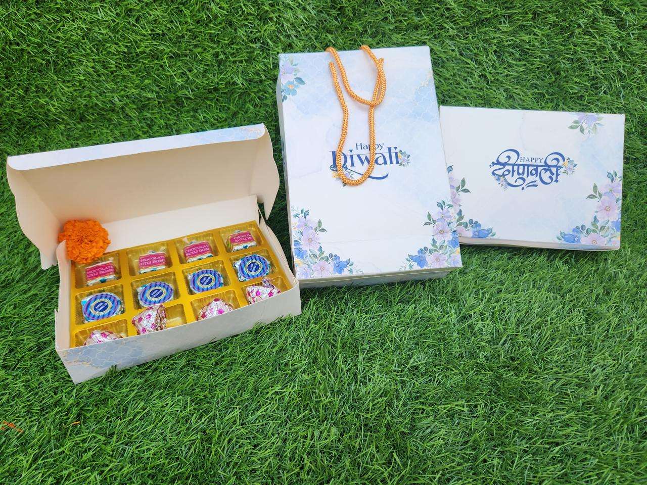 Diwali 12 chocolate box with Happy Diwali gift bag and Deepavali card box