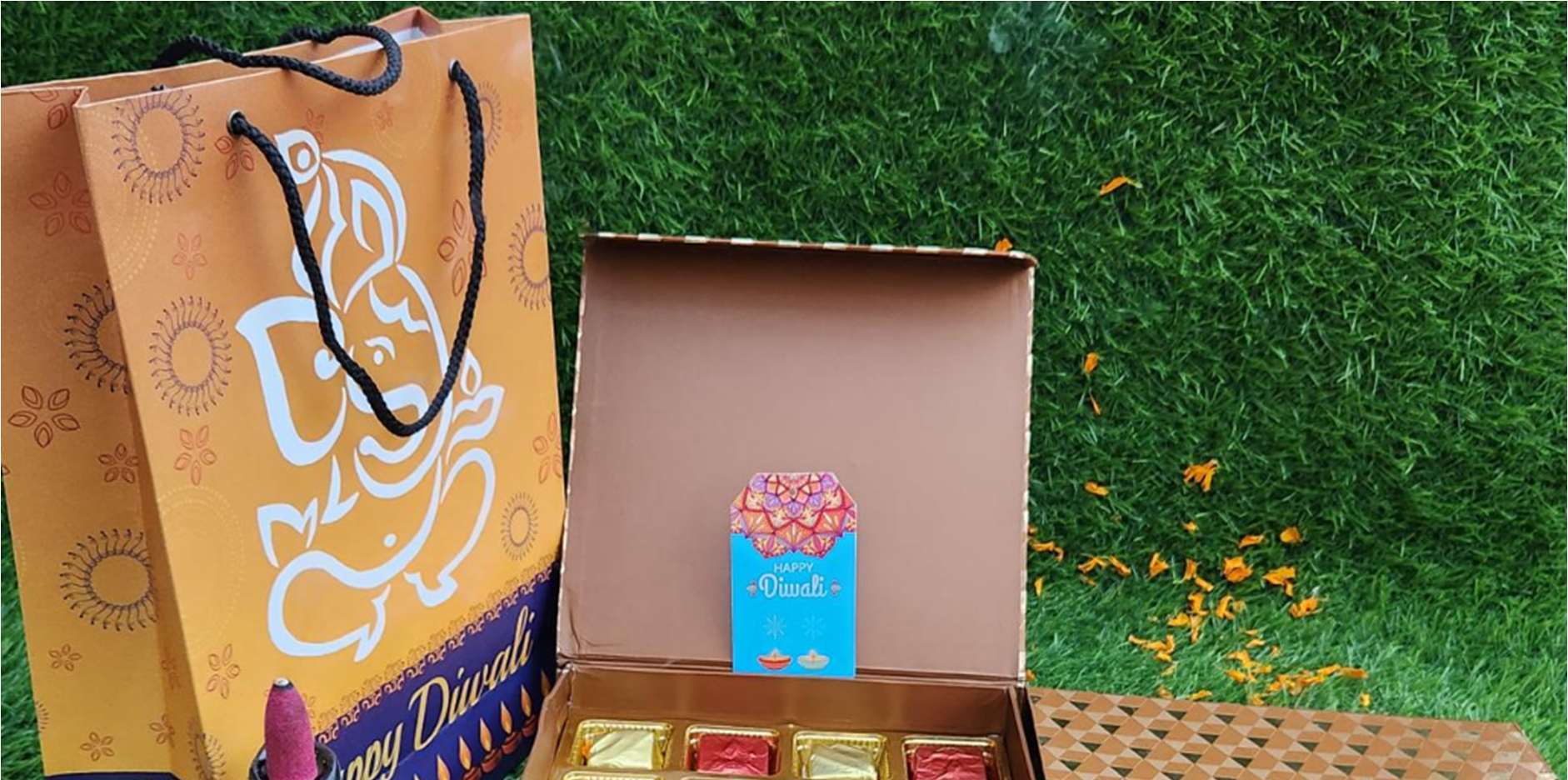 Diwali combo with Ganesha gift bag, chocolate box and backflow diya
