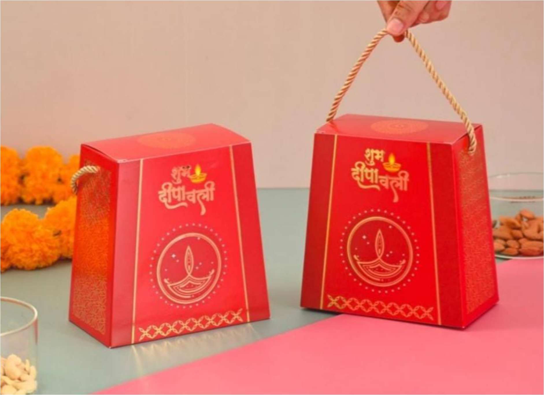Luxury red Shubh Deepavali chocolate gift boxes with rope handles by Chocoohut Raipur