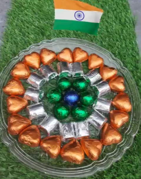 Tiranga tricolor chocolate tray with orange hearts, silver bars and green chocolates for Independence Day